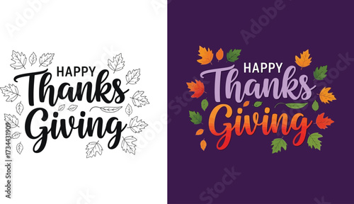 Festive 'Happy Thanksgiving' lettering surrounded by colorful autumn leaves and outline drawing