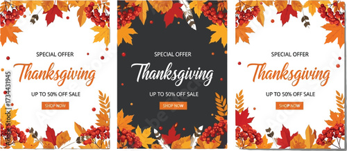 Celebrate Thanksgiving with a special offer and up to 50% off sale, framed by autumn leaves