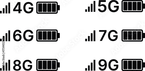 Mobile network signal and full battery status icons vector set 4g to 9g for phone connectivity interface.