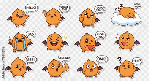 Delightful collection of cute cartoon characters with bat wings, illustrating a variety of emotions and actions with expressive speech bubbles in a vibrant sticker pack