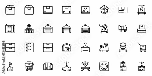 Essential logistics and delivery icons capturing boxes, warehouses, vehicles, and smart technology for modern supply chain solutions