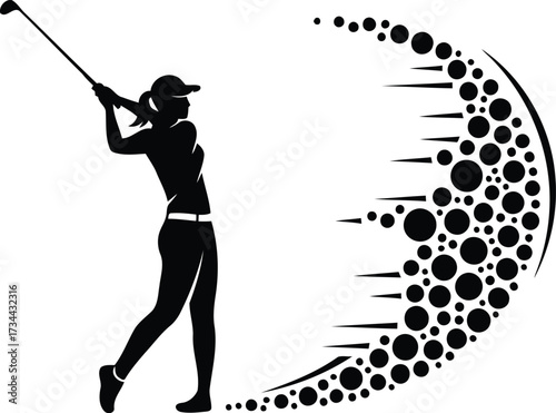 Silhouette of a woman golfer swinging a club with a stylized golf ball design