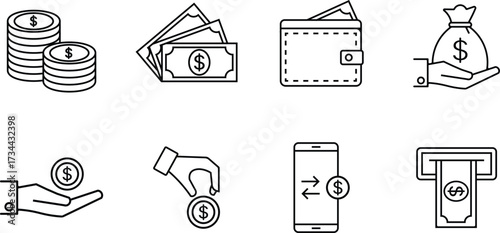 Money and finance thin line vector icon set: cash, wallet, payment, mobile banking, atm, dollar coin, and banknote symbols.