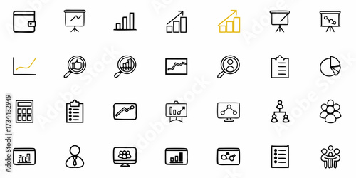 Dynamic collection of hand-drawn business icons capturing growth, analysis, teamwork, and financial success for modern presentations and digital projects