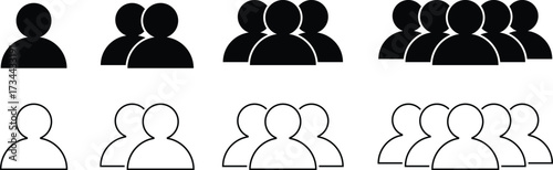 User group icon vector set: single person, team, crowd silhouette and outline graphic symbols for people and community.