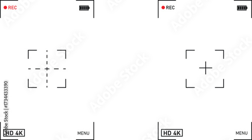 Video camera viewfinder vector screen overlay with rec, hd 4k, and focus target frames for recording interface.
