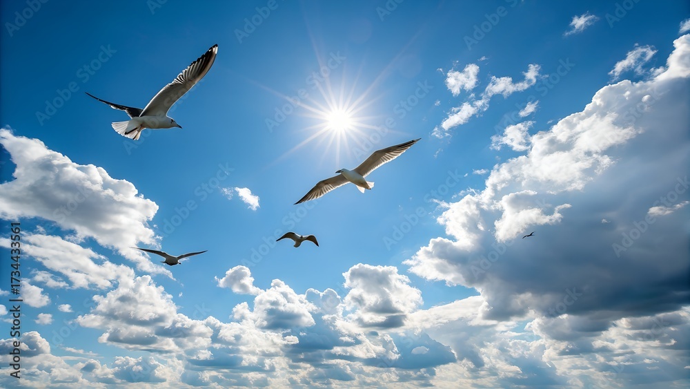 Fototapeta premium Five seagulls flying in a bright blue sky with sun and clouds
