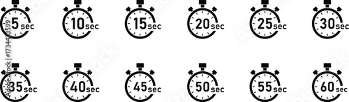 Stopwatch timer icon set vector, 5 to 60 seconds countdown: time measurement, deadline, sport, cooking, chronometer symbol collection.