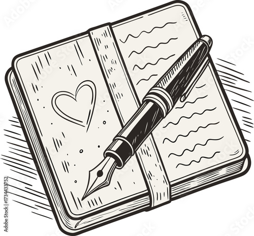 Vintage journal with heart and writing instruments