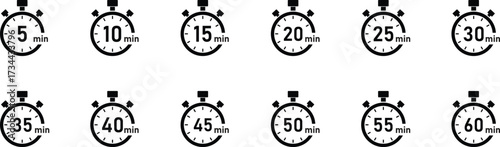 Black stopwatch timer icon set 5 to 60 minute intervals vector illustration: countdown, clock, deadline, cooking time symbol collection.