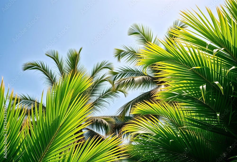 Fototapeta premium Lush tropical palm trees, vibrant green leaves against a clear sky, summer background, green