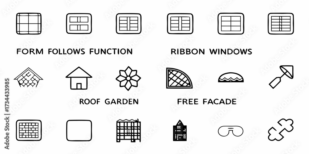Fototapeta premium Diverse architectural elements and design concepts showcased as simple, modern icons for creative projects and presentations, emphasizing innovation and form