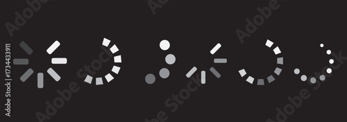 Four loading icons with unique designs, commonly used in digital interfaces to show ongoing processes or data loading. The icons include circles, segments, and dots.