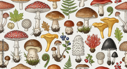 A Diverse Collection of Edible and Non-Edible Wild Mushrooms and Fungi Detailed Botanical Illustrations