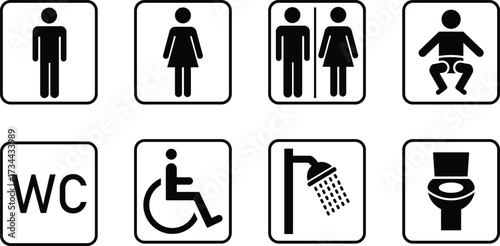 Professional public restroom sign vector set, wc, male, female, disabled access, baby change, shower, toilet, universal bathroom icons collection.