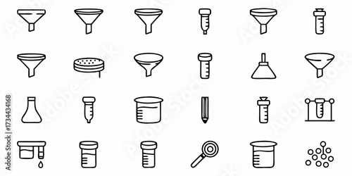 Explore essential laboratory equipment icons including funnels, beakers, test tubes, and filtration apparatus for scientific research and educational materials