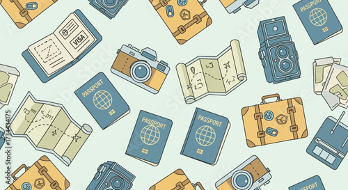 Vintage travel seamless pattern background with passport, camera, map, and luggage icons