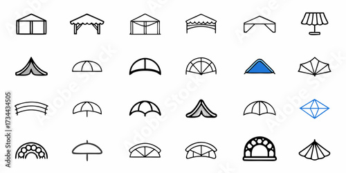 Diverse collection of canopy, tent, and umbrella icons offering shelter and shade solutions for outdoor events, camping, and protection, perfect for commercial design projects.