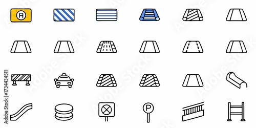 Dynamic collection of modern icons depicting traffic control devices, road elements, and urban transit symbols for diverse design projects and visual communication needs