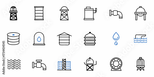 Essential water industry icons showcase reservoirs towers tanks pipes faucets and flowing waves for environmental conservation and utility services