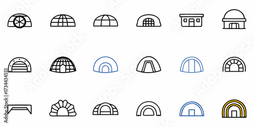Discover diverse shelter icons and building designs, from igloos to modern tents, perfect for representing housing, camping, and architectural concepts in your projects.