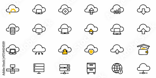 Dynamic cloud computing icons showcase data transfer, security, storage, and network management for modern digital solutions