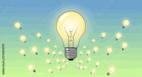Conceptual illustration of a network of bright ideas, with one large lightbulb leading many smaller ones, representing innovation and creativity