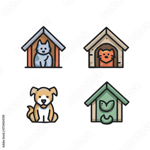 Set of four animal shelter icons featuring a dog and two cats  