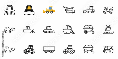Diverse construction and industrial vehicles collection featuring excavators, bulldozers, dump trucks, and tractors for heavy-duty projects and site development