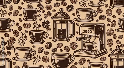 Coffee Cup Vector Pattern with Beans, French Press and Espresso Maker