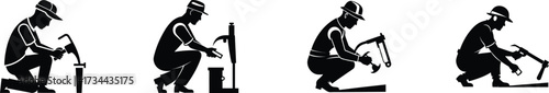Silhouette of a plumber kneeling and cutting pipe with a hacksaw in four different poses vector