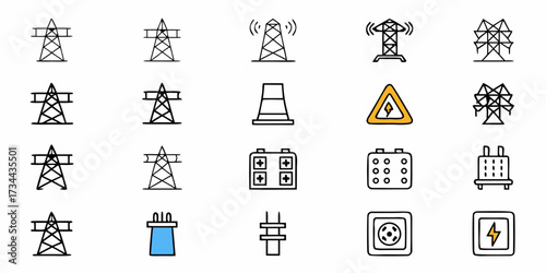 Captivating collection of electricity infrastructure icons including power towers, warning signs, batteries, and electrical outlets for modern design projects