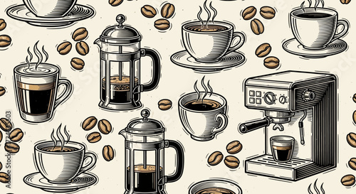 Aromatic Coffee Elements Seamless Pattern Hand-Drawn Cups, Espresso Machines, French Presses, and Roasted Beans for Beverage Background Design