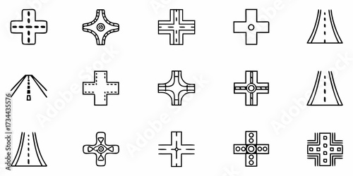 Dynamic collection of hand-drawn road intersection icons and highway perspective views, perfect for navigation apps, travel websites, and urban planning concepts