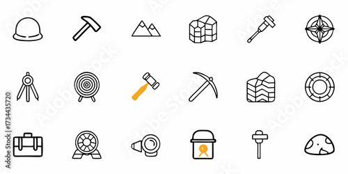 Discover essential tools and symbols for geology, exploration, and construction projects, representing planning, discovery, and achievement with professional icon graphics