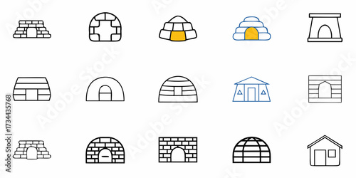 Collection of Industrial Revolution Architecture Icons Featuring Various Structures and Buildings in Simple Line Art Style