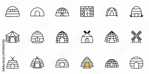 Explore diverse shelters and dwellings with this collection of charming, minimalist icons perfect for educational materials, travel blogs, or architectural concepts.