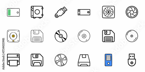 Collection of retro and modern computer hardware icons representing data storage, cooling, and connectivity, perfect for tech presentations and digital design projects
