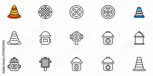 Collection of modern, clean line art icons featuring traffic cones, manhole covers, and fire hydrants for urban planning, construction, and safety concepts
