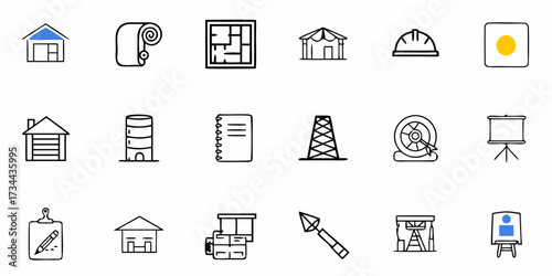 Essential business and construction icons for project planning, industrial development, and strategic presentation needs, offering clear visual communication for diverse commercial applications.