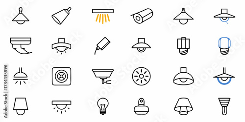 Collection of simple line icons representing various lighting fixtures and lamps in a clean and minimalist style