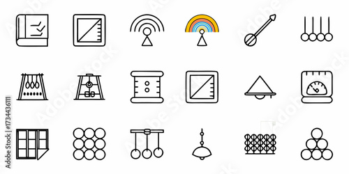 Collection of science and education icons representing physics concepts like pendulums, measurement tools, waves, and scientific instruments for learning materials