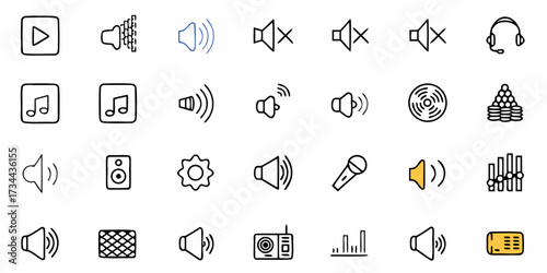 Captivating collection of hand-drawn audio icons capturing sound, music, volume, and playback for dynamic digital content creation and user interface design