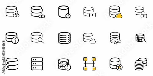 Modern database icons representing data management, security, cloud storage, analytics, and information access for digital services and technology platforms