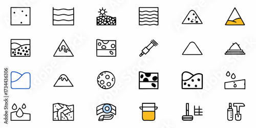 Collection of simple icons representing geological layers, water, mountains, cheese, soil samples, and scientific instruments for educational or informational designs.