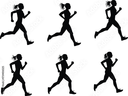 Silhouette of woman running, female jogger fitness exercise, workout training, marathon runner silhouette, healthy lifestyle, athlete motion, sport activity illustration