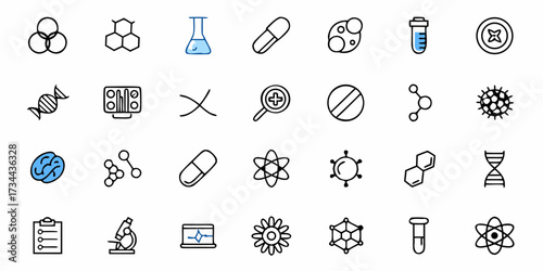 Discover scientific wonders with this collection of essential research and discovery icons, perfect for innovative projects and educational materials.