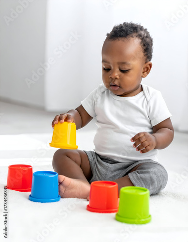 Baby boy stacking toy cups, developmental activity, bright setting