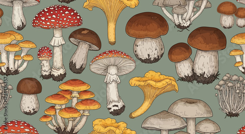 Delicious Diversity A Collage of Edible and Toxic Fungi in a Colorful Seamless Pattern
