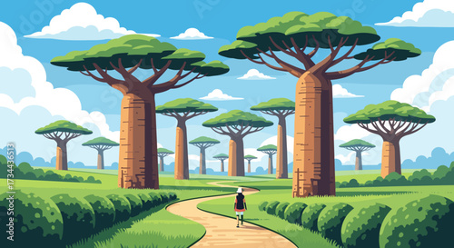 A lone hiker traverses a scenic pathway through a savanna landscape dotted with majestic baobab trees under a bright sky.